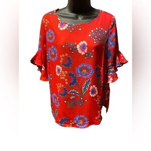 Zac & Rachel Floral Red Ruffle Sleeve Women's Top- Size Small